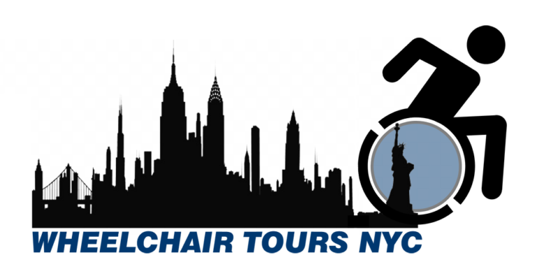 White background with a black New York City skyline silhouette and a "racing" wheelchair silhouette with the Statue of Liberty in the circle of the wheel. Wheelchair Tours NYC is in dark blue below it all.